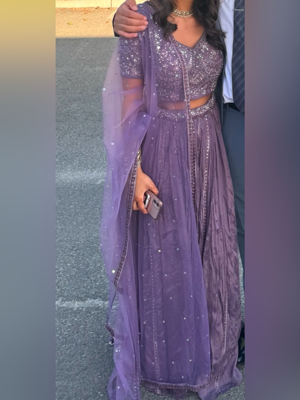 Indian Purple Lehenga 3-Piece Pleated Texture Sparkly Detailed Blouse Size XS - Picture 3 of 3